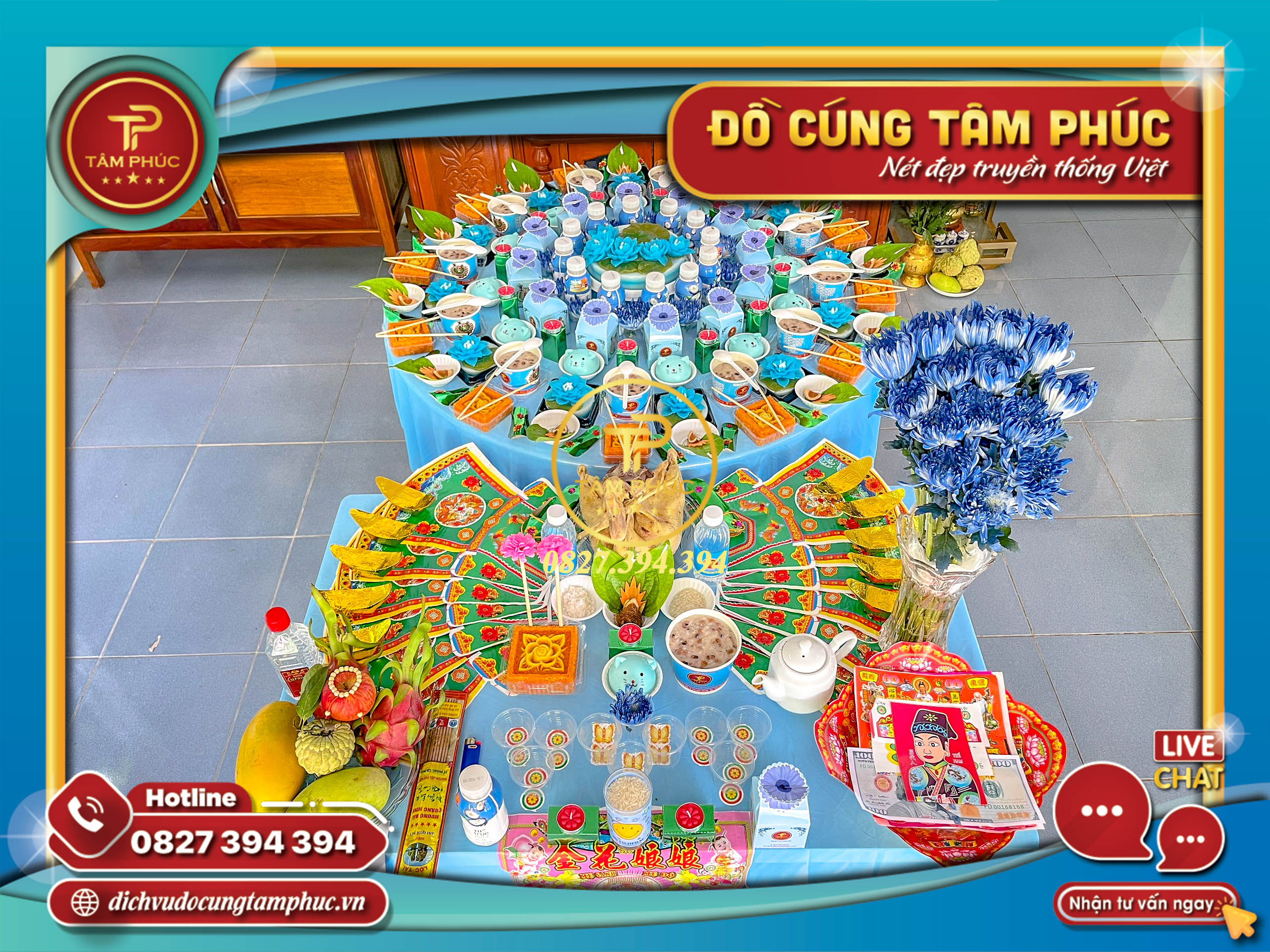 Mâm cúng Mụ cho bé tone màu xanh dương.